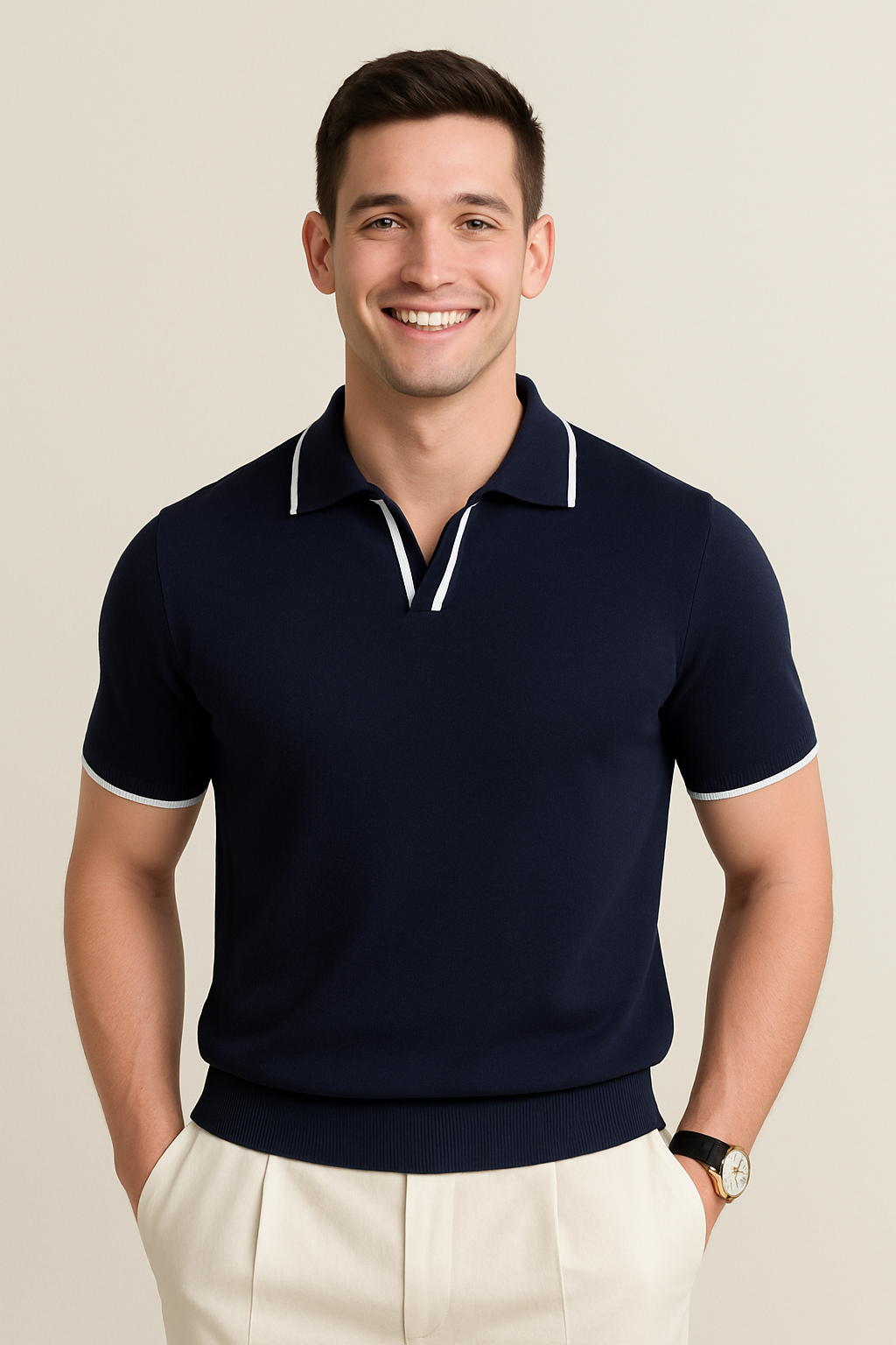 Navy knit polo shirt with white contrast trim on collar, placket, and sleeves