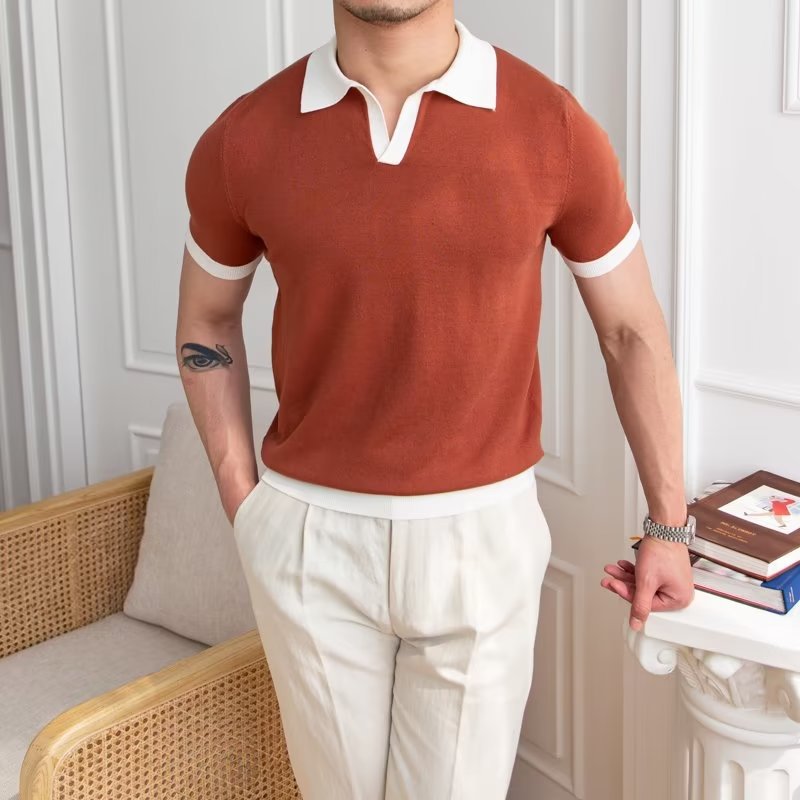 Rust knit polo shirt with white collar and cuff trim, short sleeve men's shirt