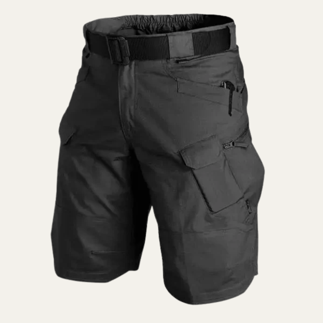 Black tactical cargo shorts with multiple pockets and adjustable waistband, front view