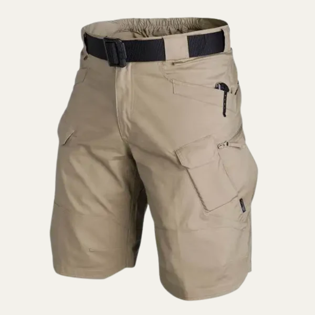 Khaki men's lightweight tactical cargo shorts with black belt and multiple pockets