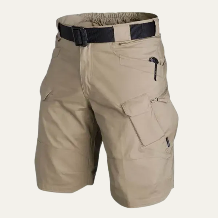 Khaki men's lightweight tactical cargo shorts with black belt and multiple pockets