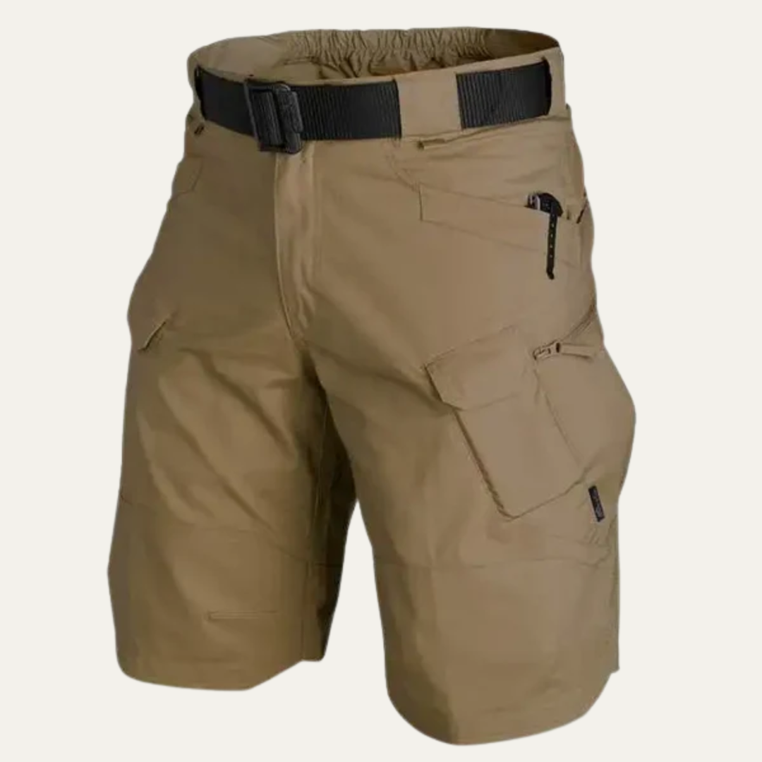 Close-up of khaki cargo shorts side pocket with flap and zipper closure