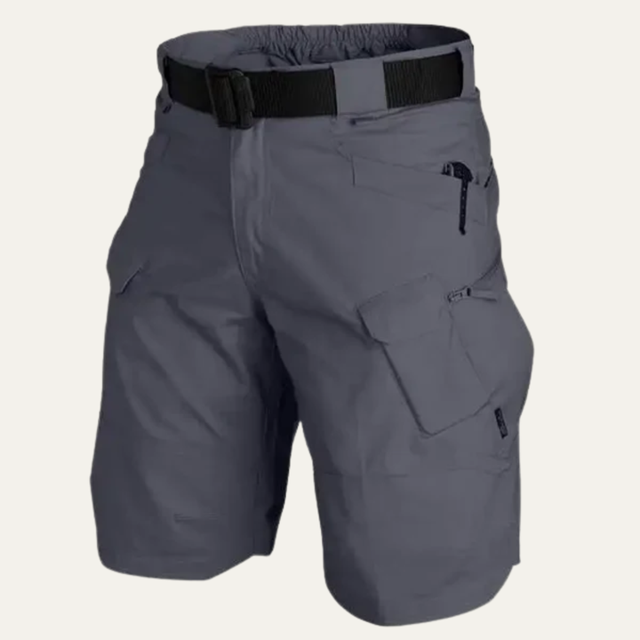 Gray men's lightweight tactical cargo shorts with black belt and zippered pockets