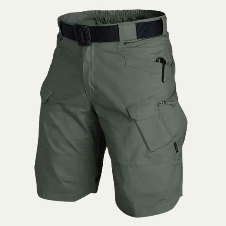 Olive green men's lightweight tactical cargo shorts with black belt and zip pockets