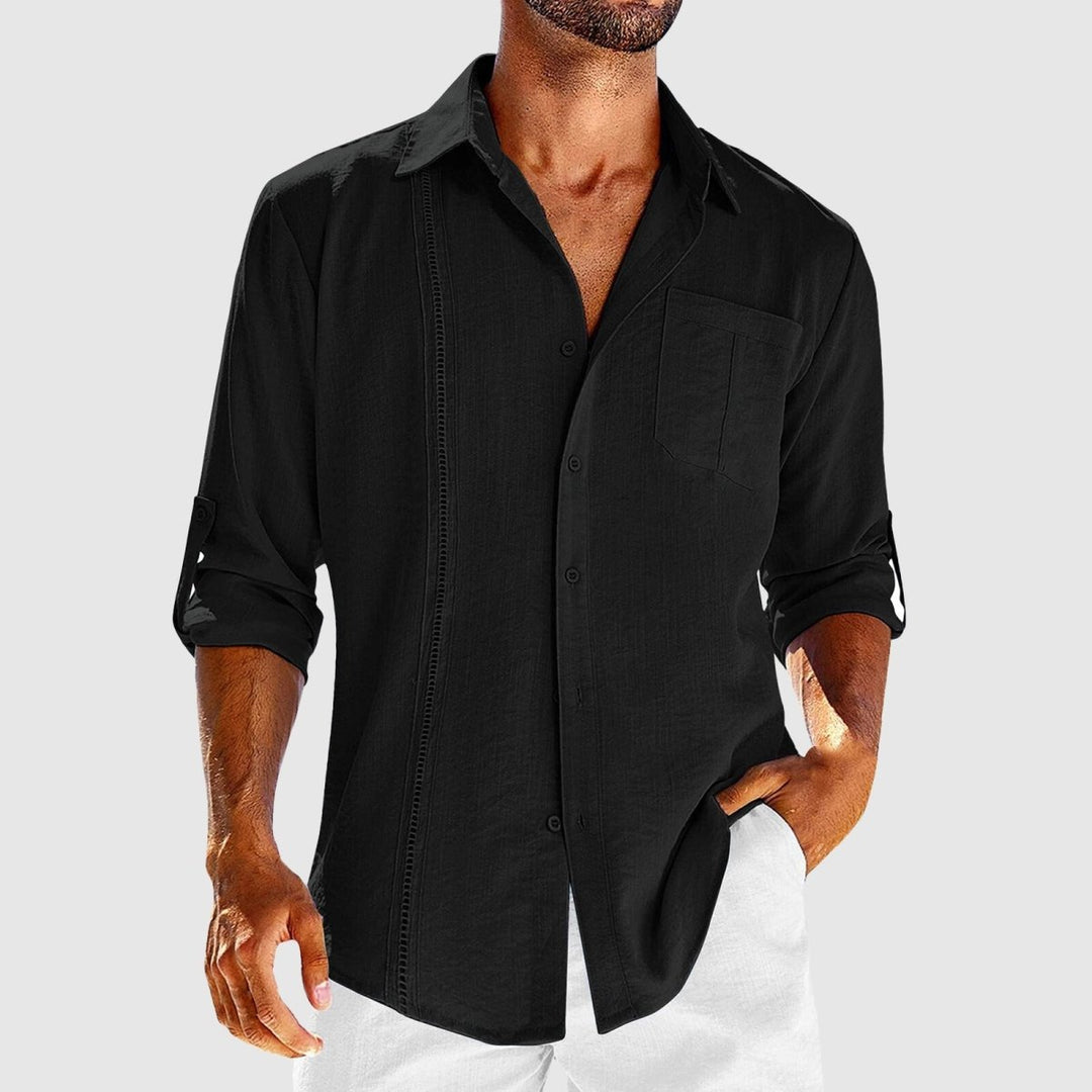 Black men's linen shirt long sleeve button front with chest pocket and rolled sleeves