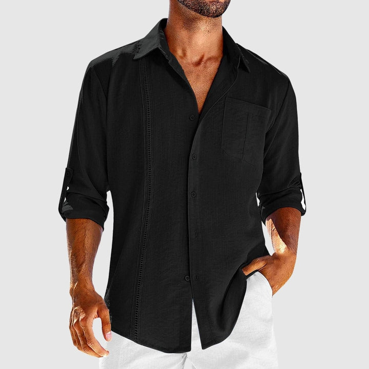 Black men's linen shirt long sleeve button front with chest pocket and rolled sleeves
