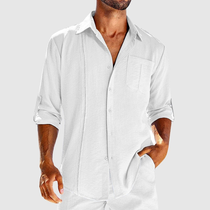 White men's linen shirt long sleeve button front with chest pocket and rolled sleeves