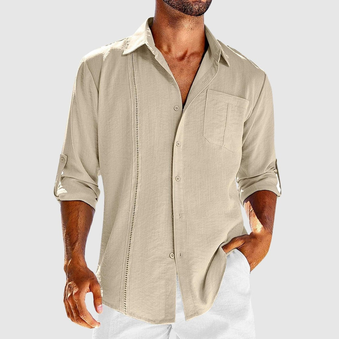 Beige men's linen shirt long sleeve button front with chest pocket and rolled sleeves