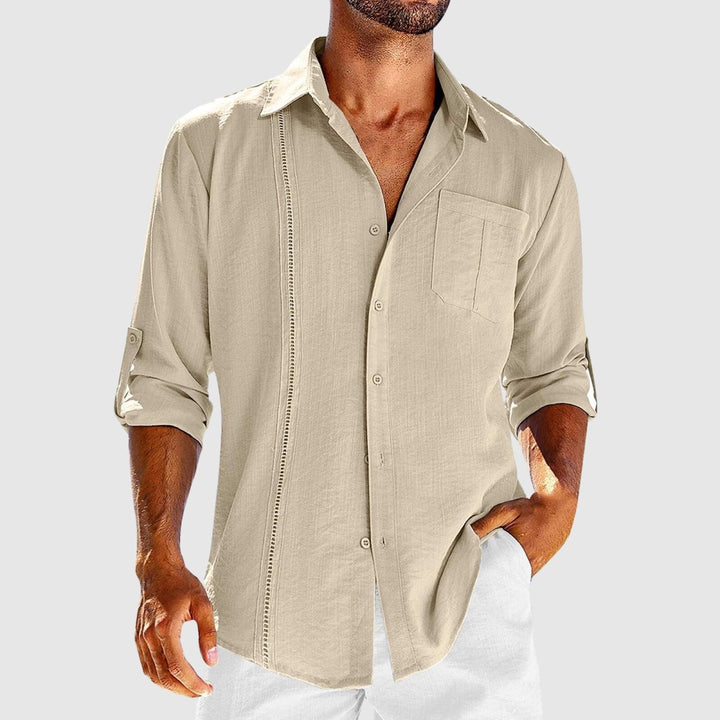 Beige men's linen shirt long sleeve button front with chest pocket and rolled sleeves