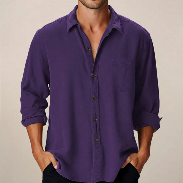 Purple men's long sleeve button up shirt with open collar and rolled sleeves