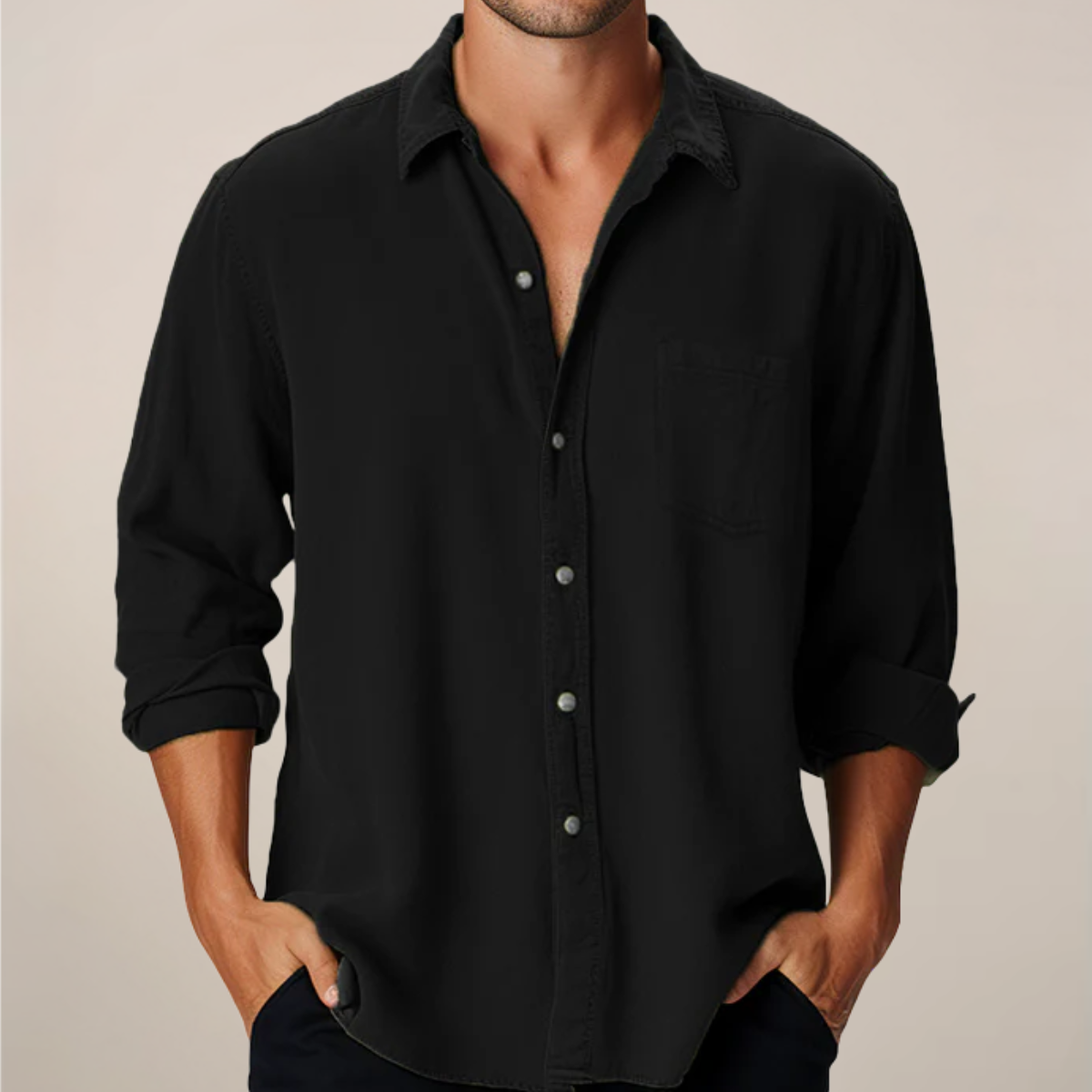 Black men's long sleeve button up shirt with rolled cuffs and classic collar