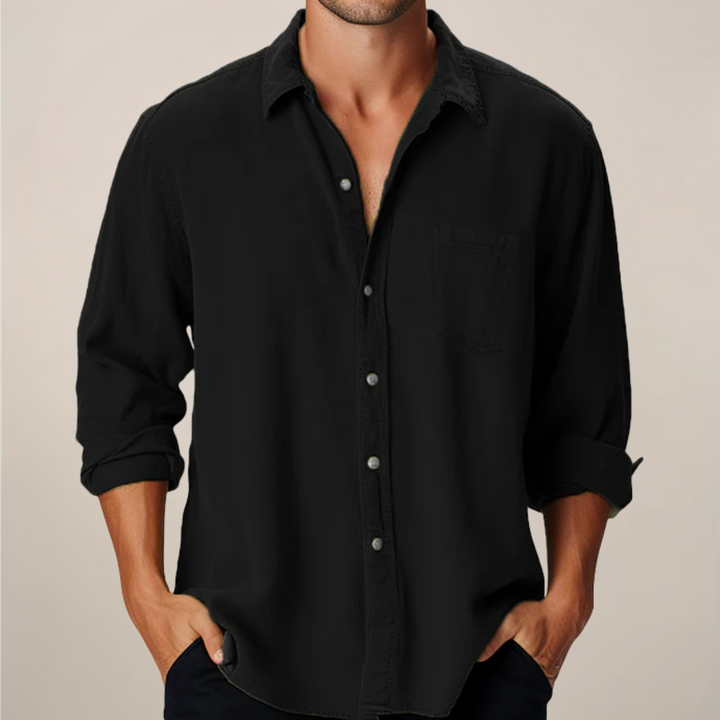 Black men's long sleeve button up shirt with rolled cuffs and classic collar