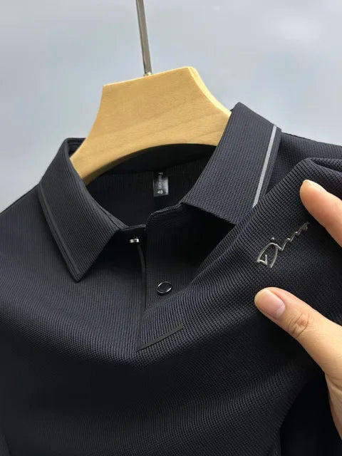 Black pique knit short sleeve polo shirt with textured finish and contrast collar trim