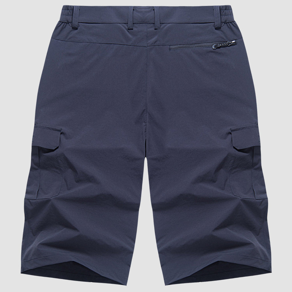 Navy quick dry cargo shorts flat lay back view with zippered back pocket and cargo pockets