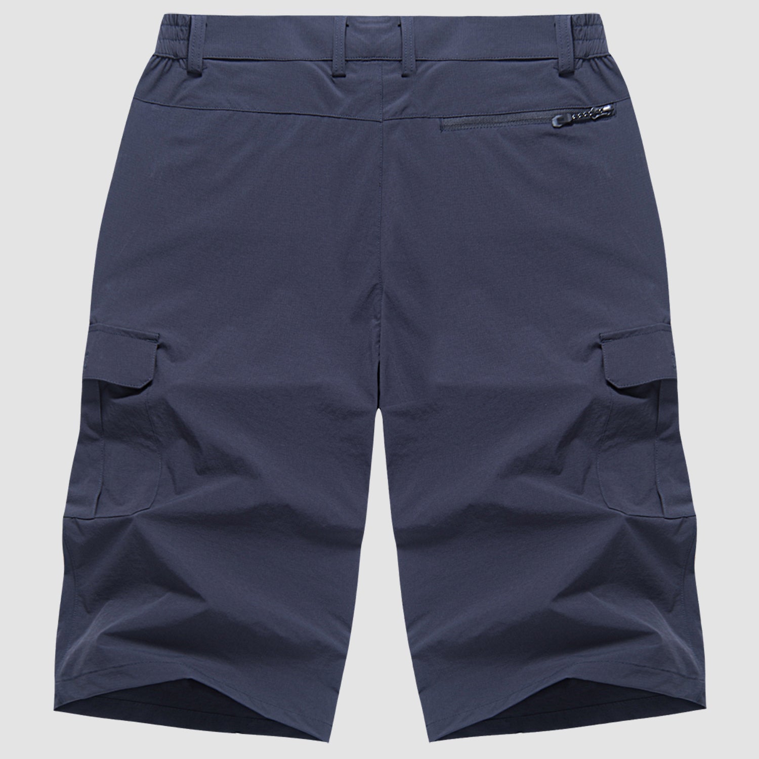 Navy quick dry cargo shorts flat lay back view with zippered back pocket and cargo pockets