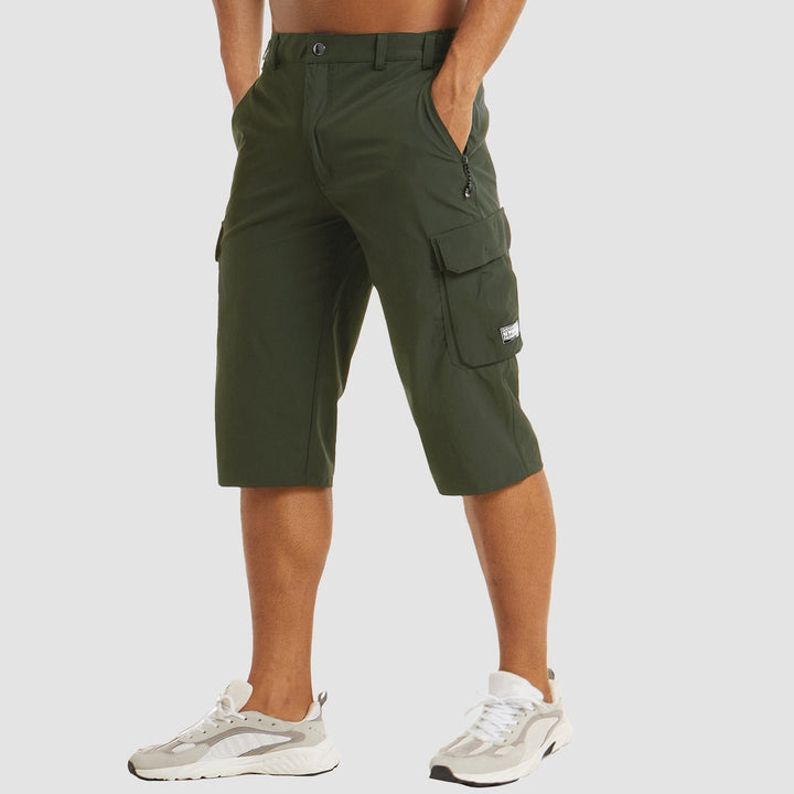 Olive green men's quick dry cargo shorts front view with zipper pocket and thigh cargo pocket