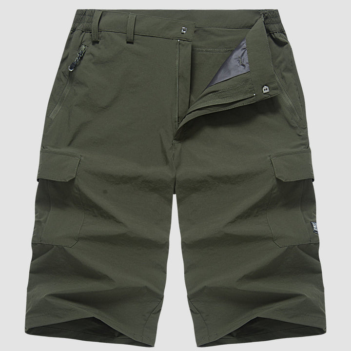 Olive green quick dry cargo shorts flat lay front with button closure, zipper fly, cargo pockets