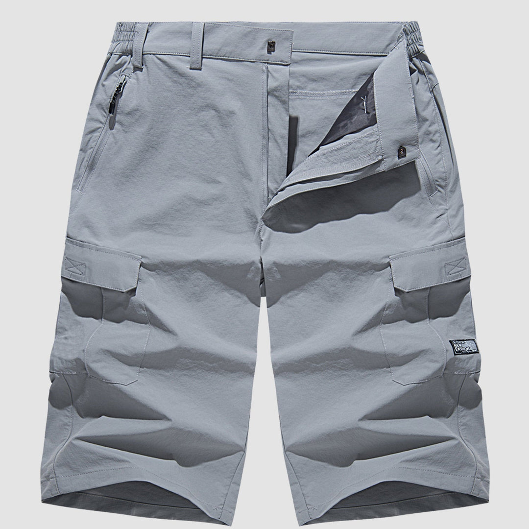 Light gray quick dry cargo shorts flat lay front with open fly, button waist, and cargo pockets