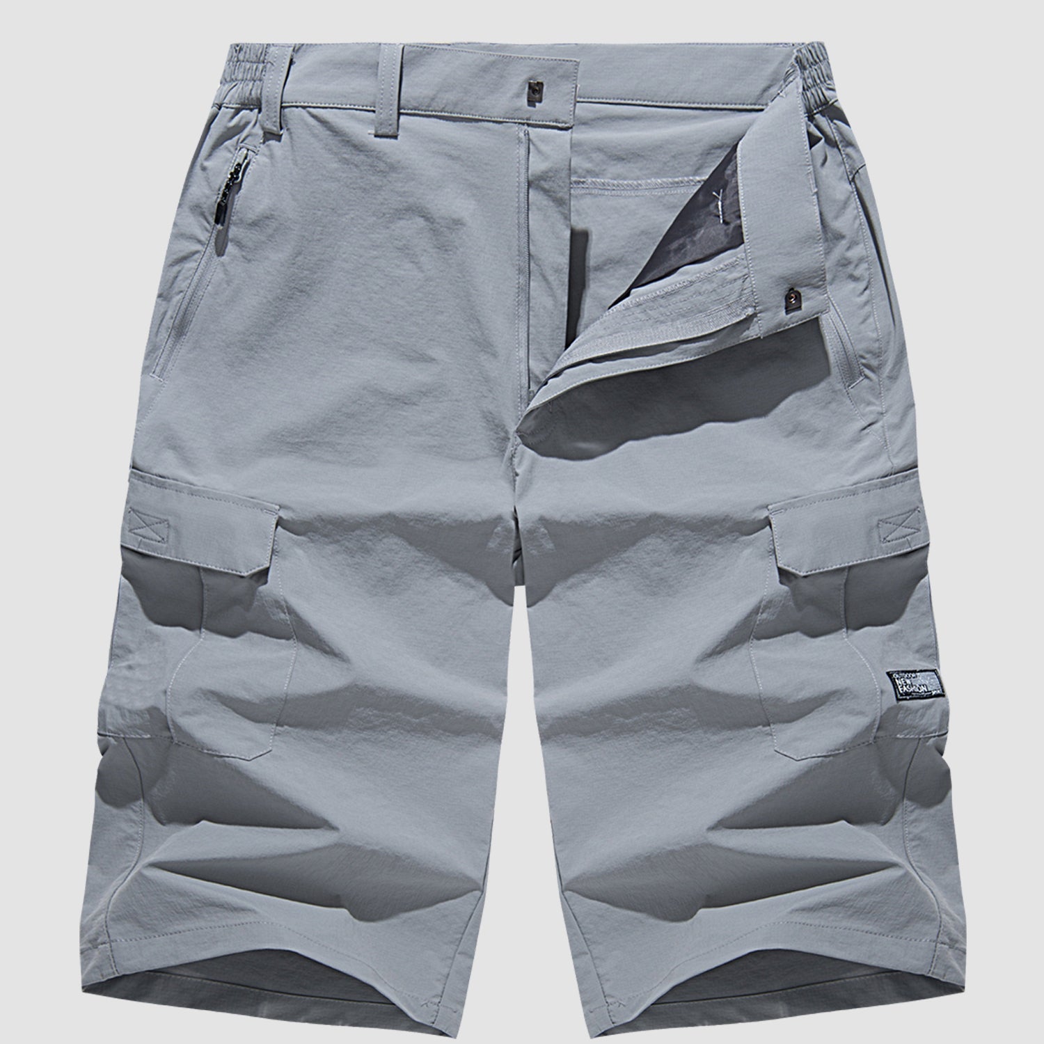 Light gray quick dry cargo shorts flat lay front with open fly, button waist, and cargo pockets