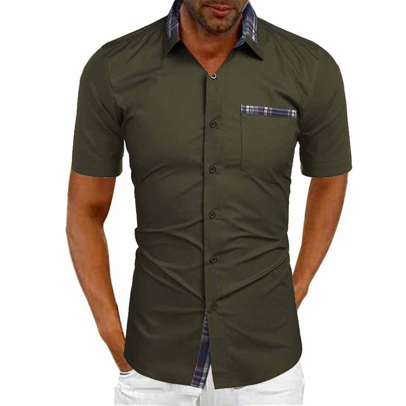 Olive green short sleeve button up shirt with collar, plaid trim, chest pocket, and casual fit