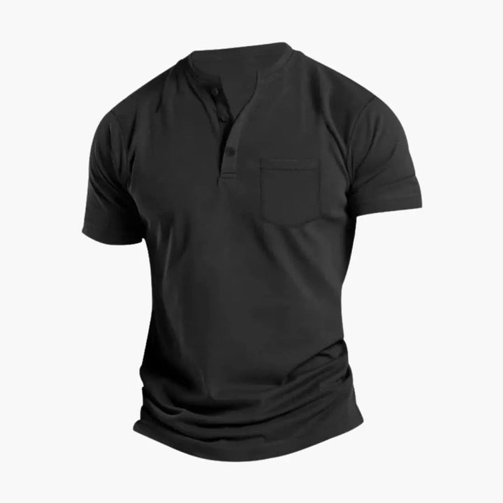 Black men's short sleeve Henley shirt with chest pocket and casual fit