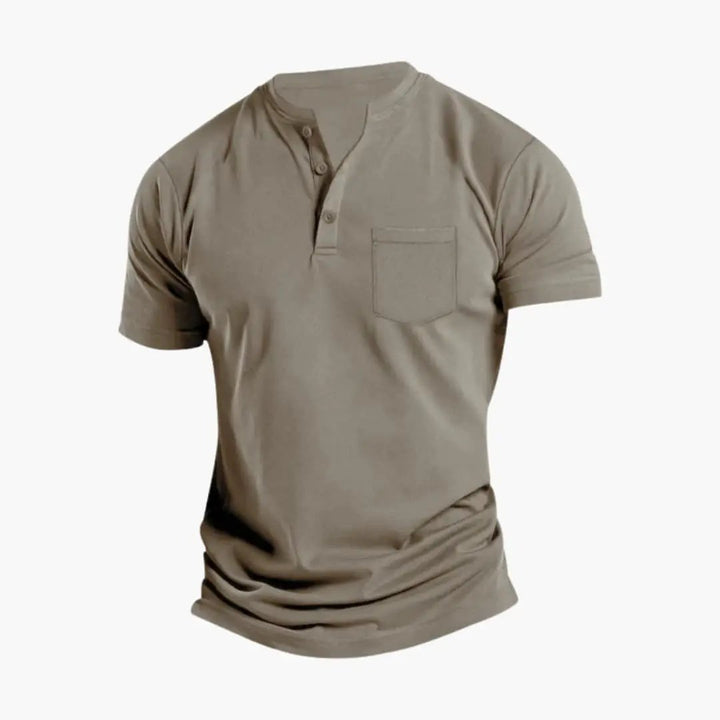 Khaki men's short sleeve Henley shirt with chest pocket and button collar