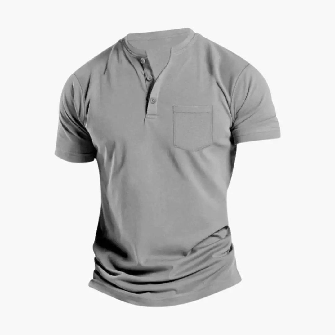 Light gray men's short sleeve Henley shirt with chest pocket and relaxed style