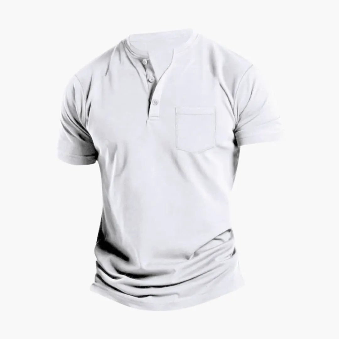 White men's short sleeve Henley shirt with chest pocket and three button neckline