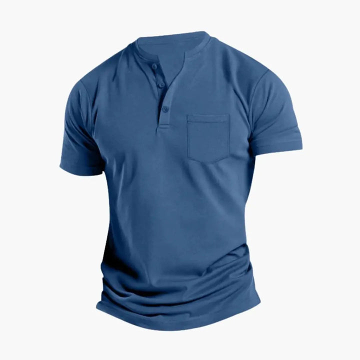 Blue men's short sleeve Henley shirt with chest pocket and casual crew style