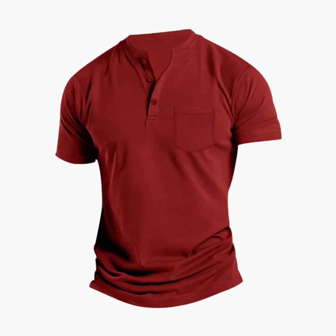 Red men's short sleeve Henley shirt with chest pocket and button placket