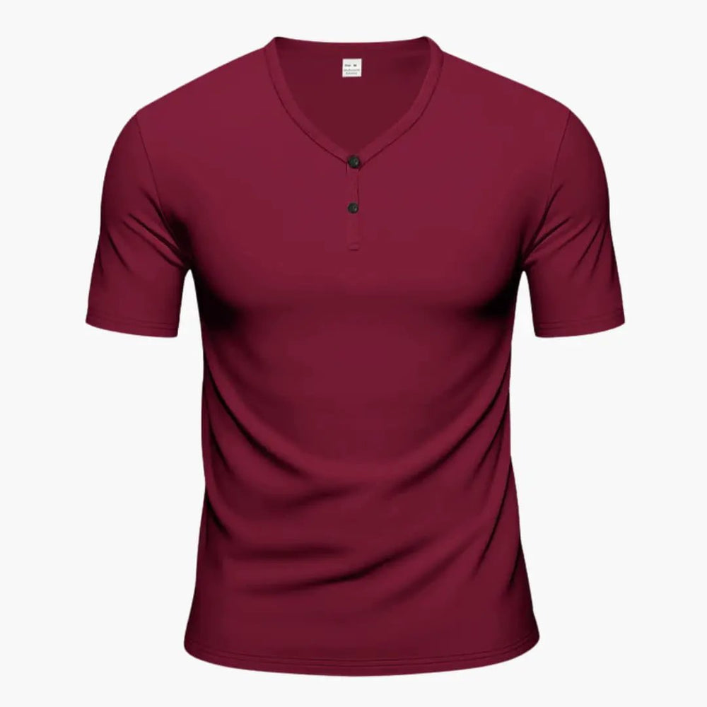 Burgundy short sleeve Henley T-shirt with fitted crewless V-neck style