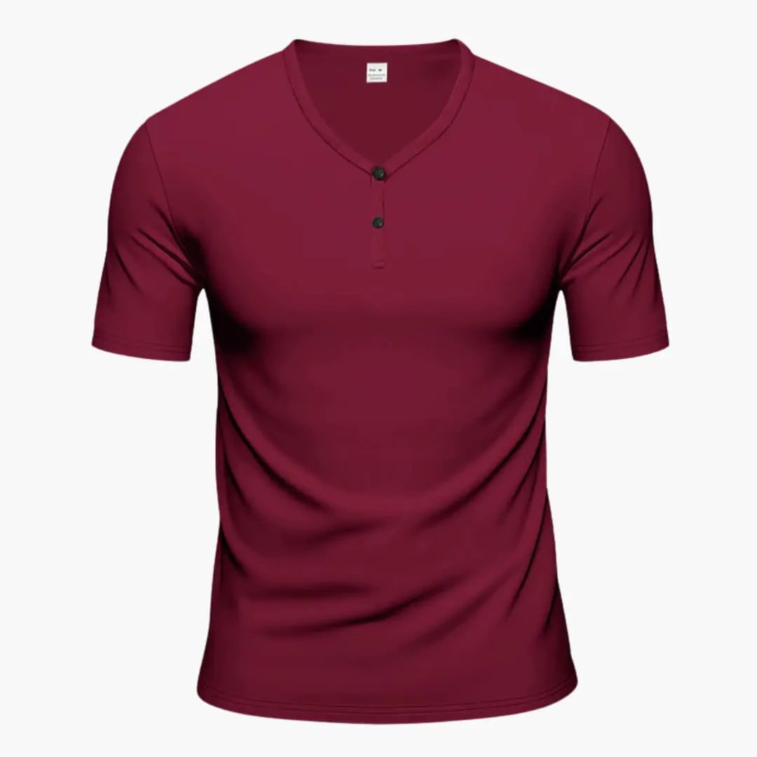 Burgundy short sleeve Henley T-shirt with fitted crewless V-neck style