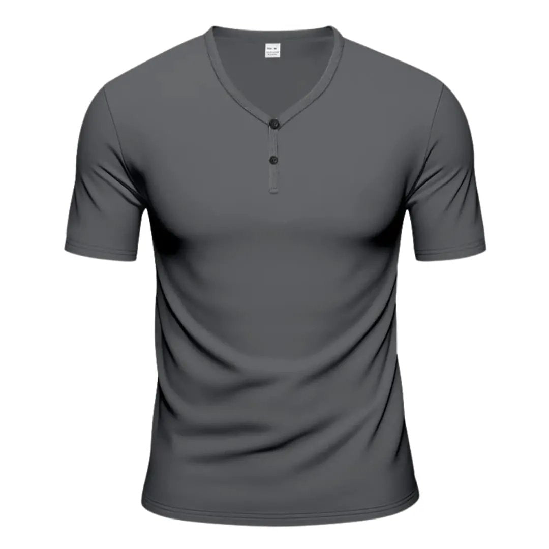 Charcoal gray short sleeve Henley T-shirt with two-button front placket