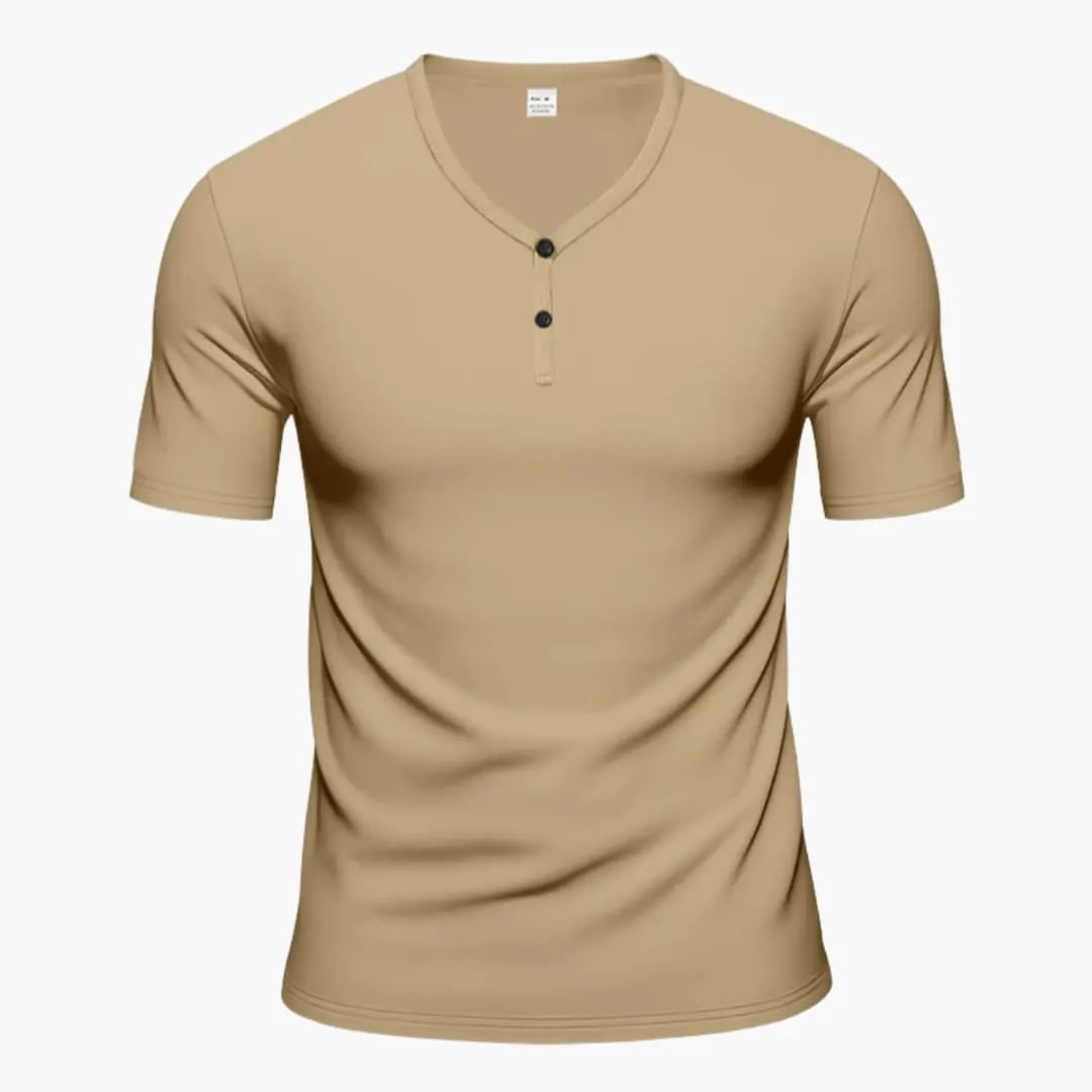 Beige short sleeve Henley T-shirt with V-neck and two-button detail