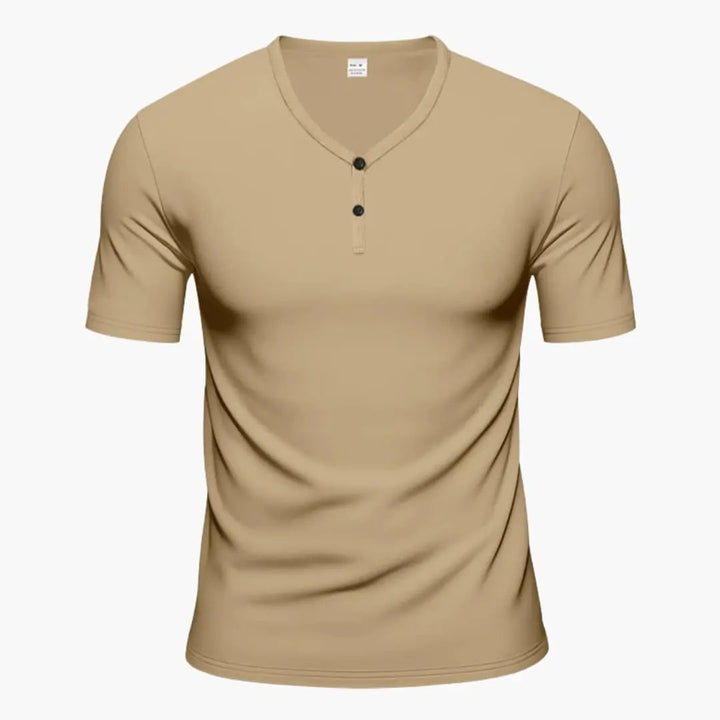 Beige short sleeve Henley T-shirt with V-neck and two-button detail