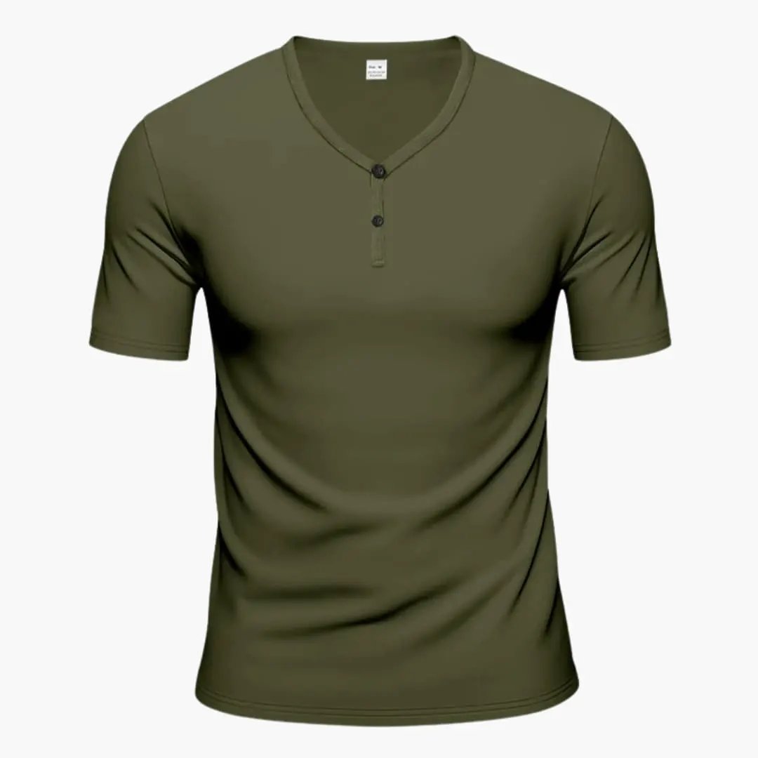 Olive green short sleeve Henley T-shirt with V-neck and button placket