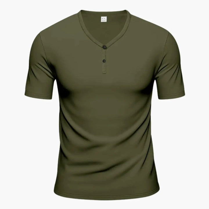 Olive green short sleeve Henley T-shirt with V-neck and button placket