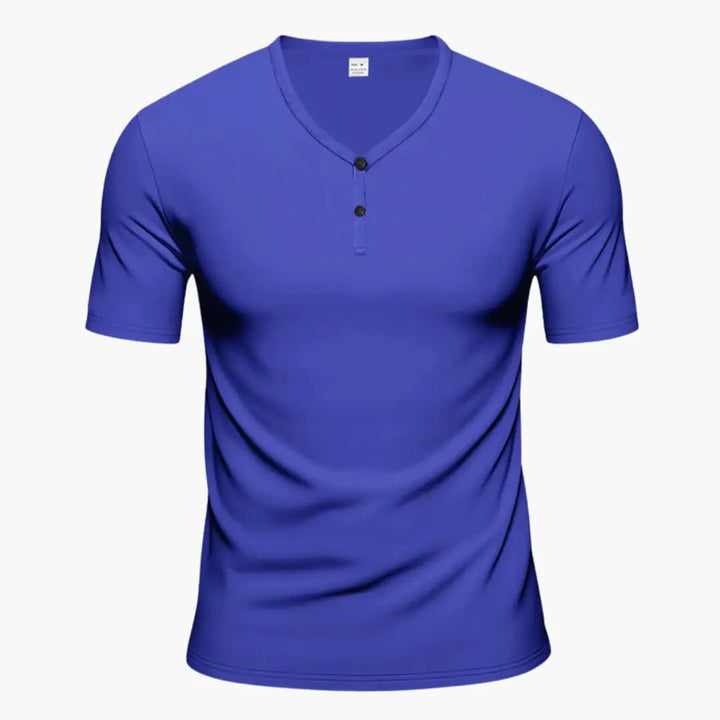 Blue short sleeve Henley T-shirt with V-neck and two-button front