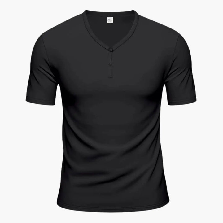 Black short sleeve Henley T-shirt with V-neck and two-button placket