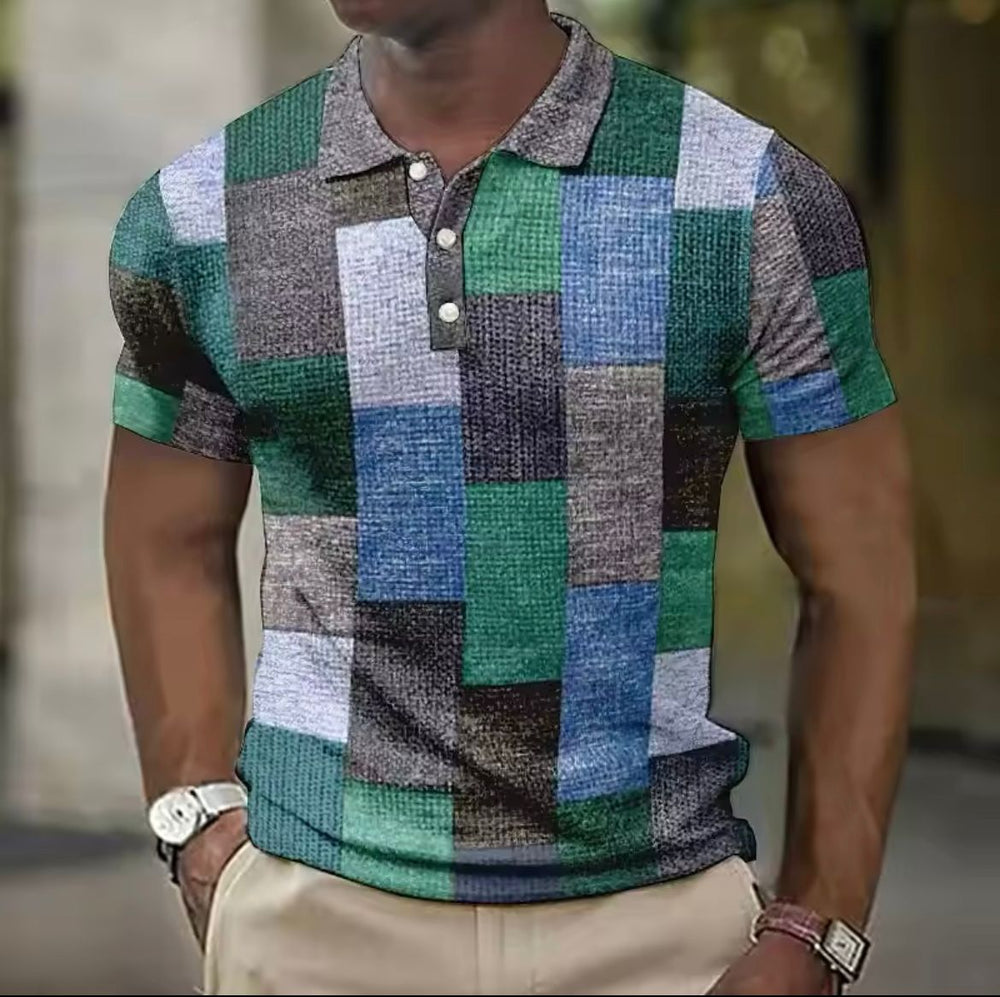 Men's short sleeve patchwork polo shirt in teal, blue, gray, and green blocks