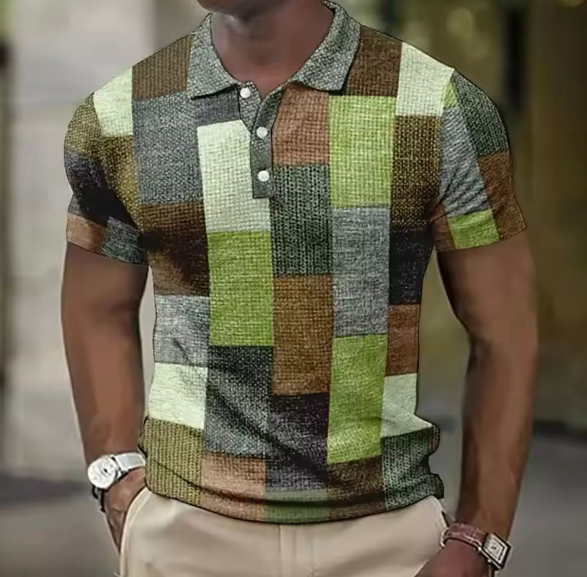 Men's short sleeve patchwork polo shirt with olive, tan, and light green blocks