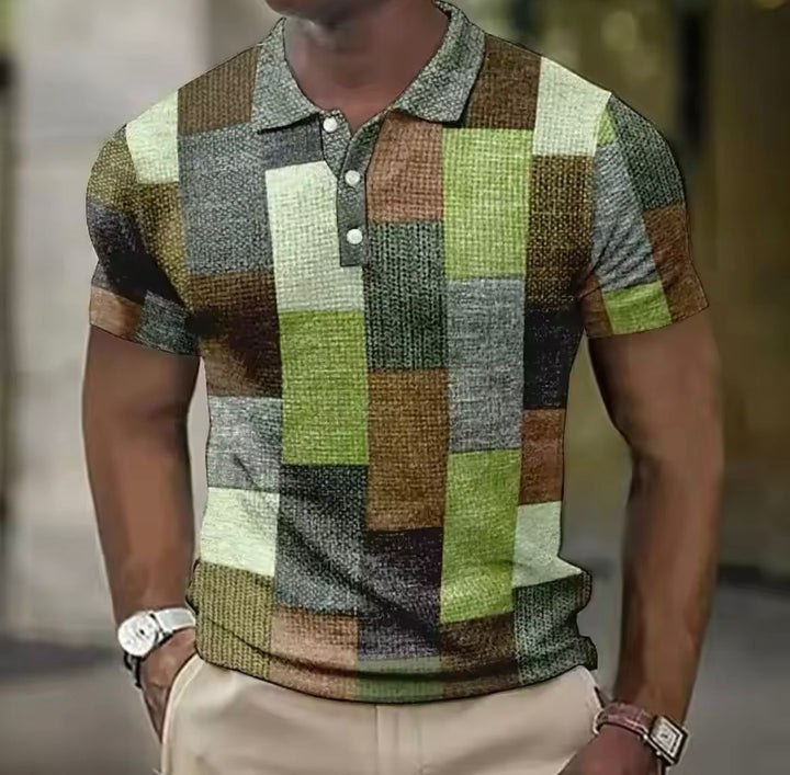 Men's short sleeve patchwork polo shirt with olive, tan, and light green blocks