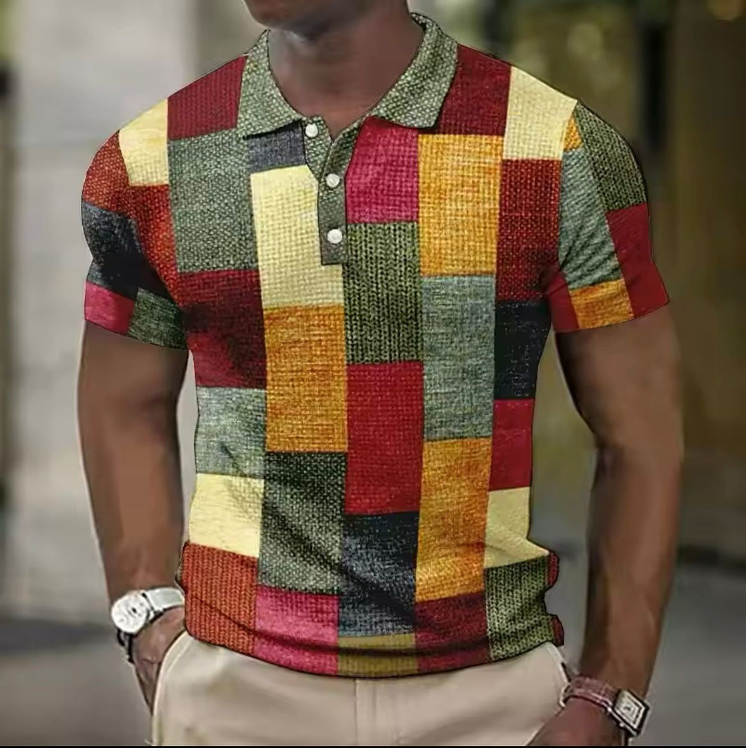 Men's short sleeve patchwork polo shirt with red, yellow, and green color blocks