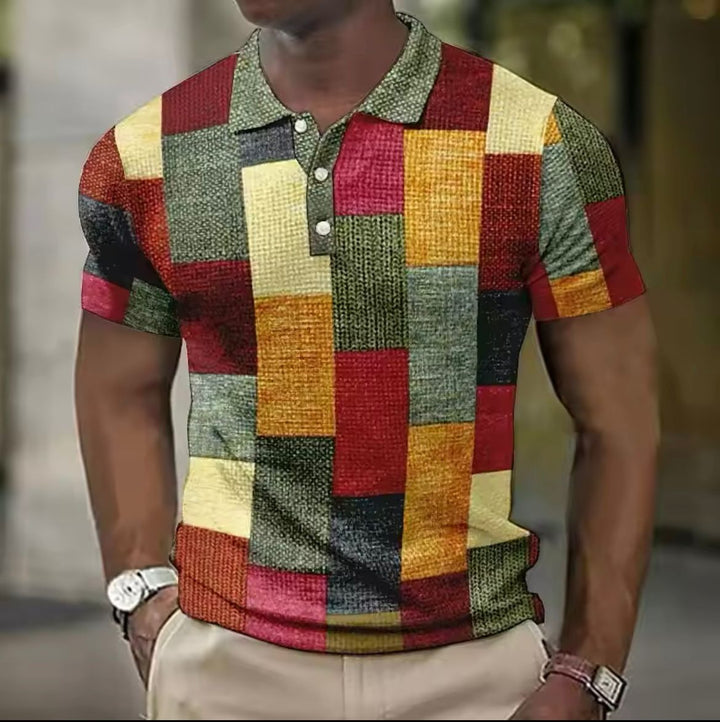 Men's short sleeve patchwork polo shirt with red, yellow, and green color blocks