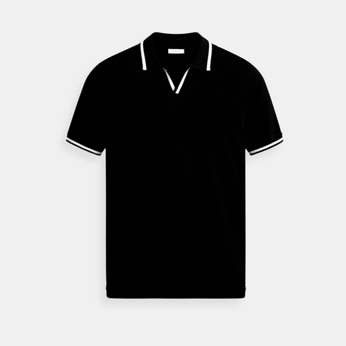 Black short sleeve polo shirt with white contrast trim on collar and sleeves