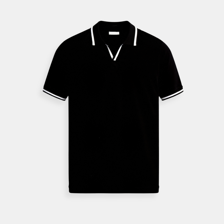 Black short sleeve polo shirt with white contrast trim on collar and sleeves