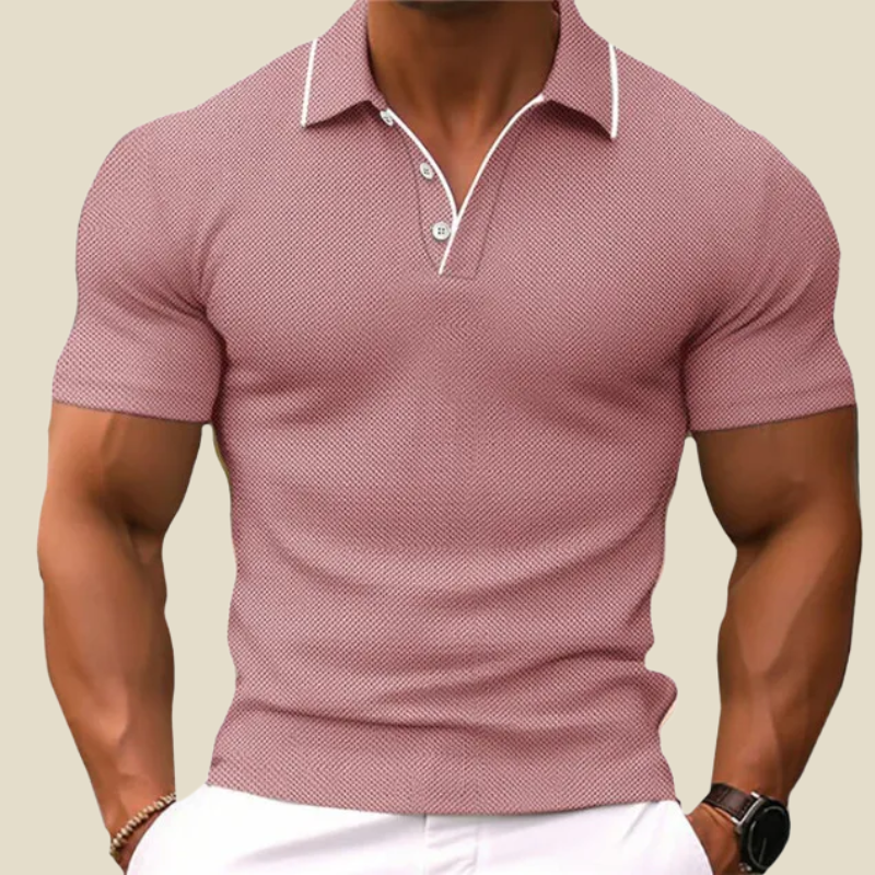 Pink textured short sleeve polo shirt with white piping and fitted casual style