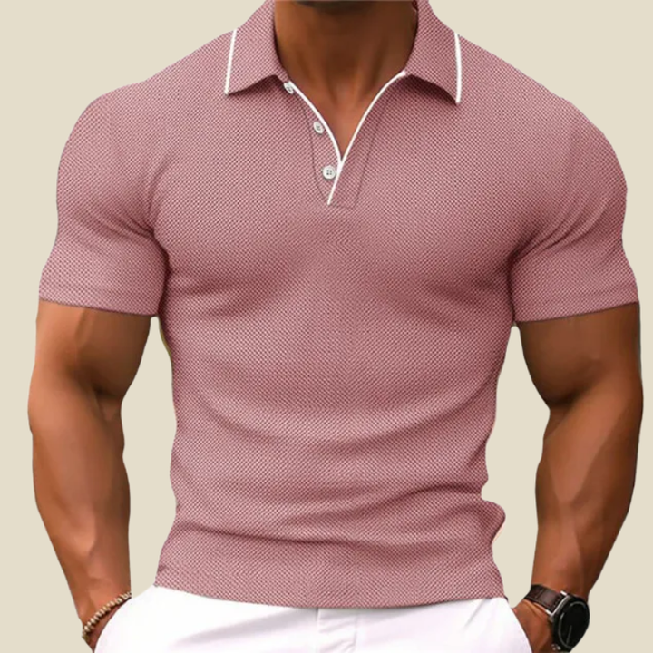 Pink textured short sleeve polo shirt with white piping and fitted casual style