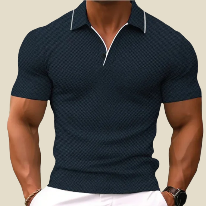 Navy textured men’s polo shirt with short sleeves, white trim, and buttoned collar