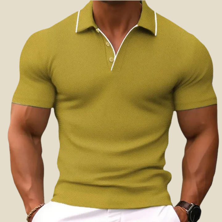 Mustard textured short sleeve polo shirt with white collar piping and fit